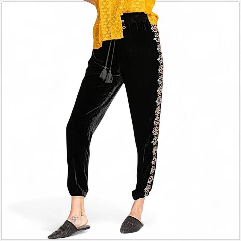 Johnny Was Black Velvet Embroidered Lempicka Easy Jogger Pants Boho New NWT M